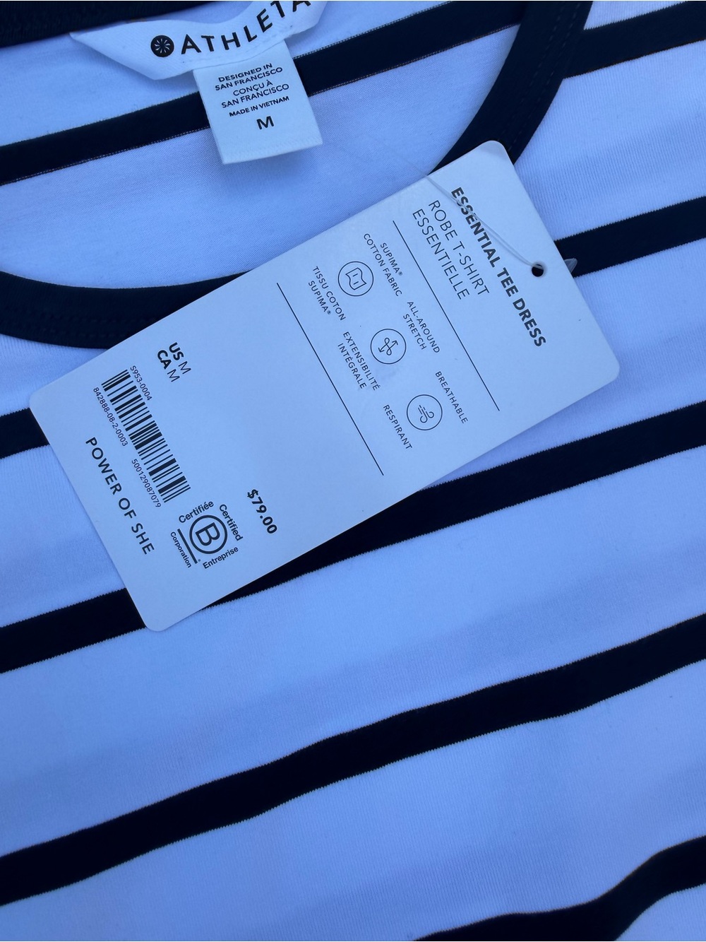 Athleta White Dress with Navy Stripes - Short Sleeve Mini - Picture 4 of 5